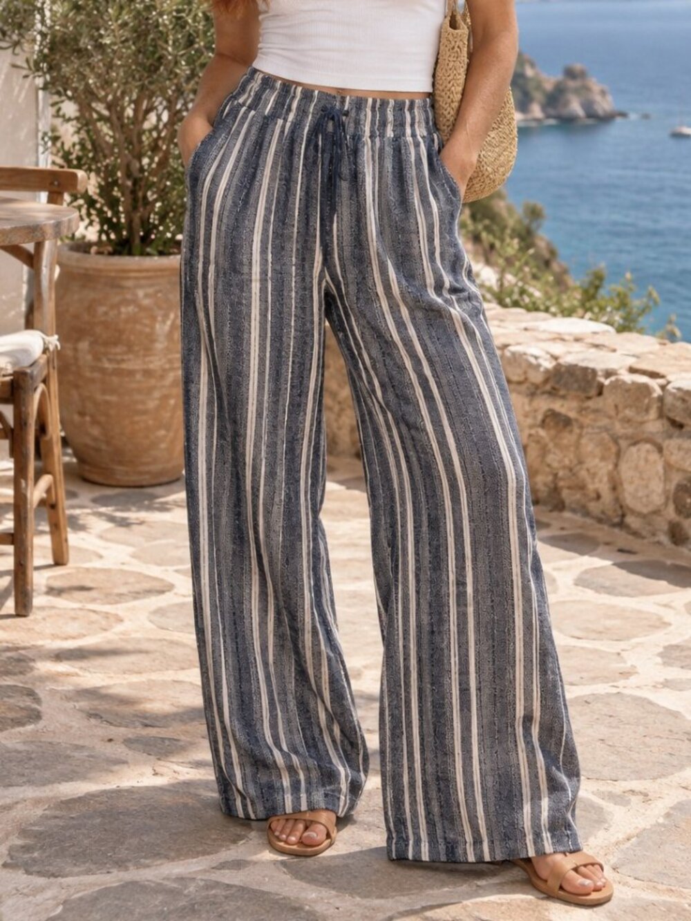 Briggs Womens L Linen Blend Pants Navy Stripe Wide Leg Drawstring Coastal Beach